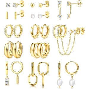 13 Pairs Small Stud Hoop Earrings Set for Women Hypoallergenic Gold Plated Huggi